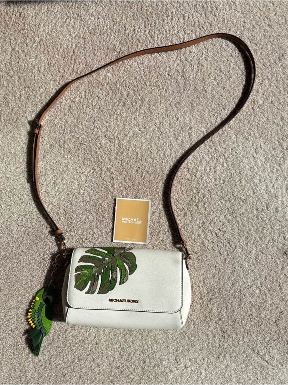 Michael Kors White Crossbody with Green Leaf Applique and Brown Strap